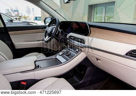 Moscow, Russia - December 18, 2021 Hyundai Palisade (lx2), Interior View. Luxury Crossover Suv. Cent