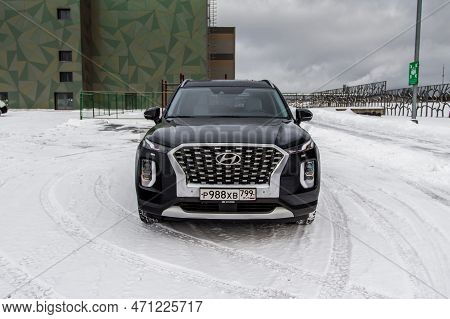 Moscow, Russia - December 18, 2021 Hyundai Palisade (lx2), Full-size Suv Car. Exterior Front-side Vi
