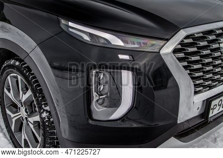 Moscow, Russia - December 18, 2021 Hyundai Palisade Lx2 Model Headlight Lamp. Close Up Detail On One