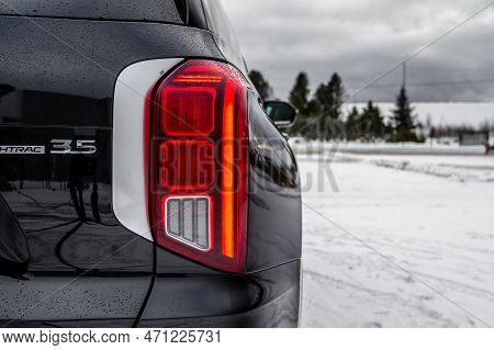 Moscow, Russia - December 18, 2021 Hyundai Palisade Lx2 Led Red Taillight. Closeup Tail Light Of A M
