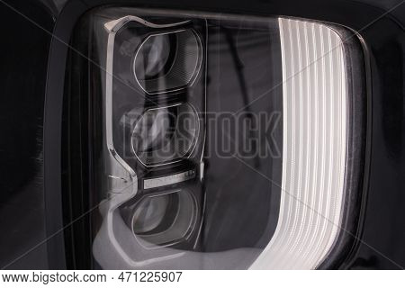 Moscow, Russia - December 18, 2021 Hyundai Palisade Lx2. Modern Car Headlight Close Up View. Led Hea