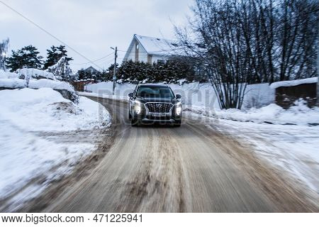 Moscow, Russia - December 18, 2021 Hyundai Palisade Lx2, Modern Suv. Exterior Front-side View On Win