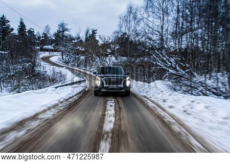 Moscow, Russia - December 18, 2021 Hyundai Palisade Lx2, Modern Suv. Exterior Front-side View On Win