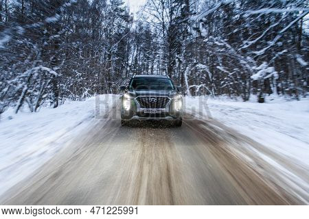 Moscow, Russia - December 18, 2021 Hyundai Palisade Lx2, Modern Suv. Exterior Front-side View On Win