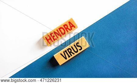 Hendra Virus Symbol. Concept Words Hendra Virus On Wooden Block. Beautiful White And Blue Table Whit