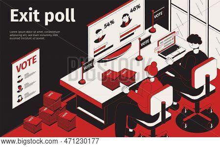 Exit Poll Isometric Background With View Of Office And Worker Characters Analyzing Data With Editabl