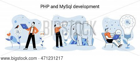 Php And Mysql Development Metaphor. Software Website Developer With Computer, Programmer Service, Op