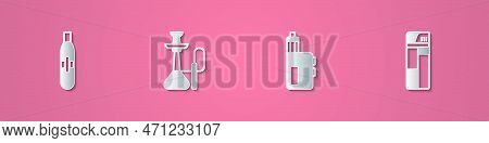 Set Paper Cut Electronic Cigarette, Hookah, Vape Mod Device And Lighter Icon. Paper Art Style. Vecto