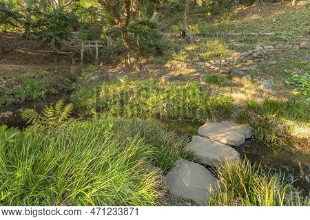 Tokyo, Japan - March 20 2022: Japanese Stepping Stones Or Stepstones Bridge Names Iso-watari Or Tobi
