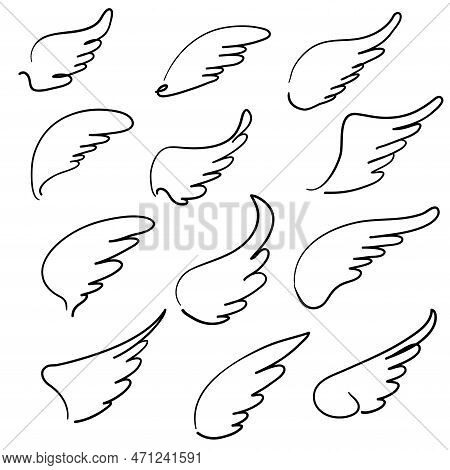 Doodle Hand Drawn Sketch Angel Wings. Angel Feather Wing, Bird Tattoo Silhouette. Linear Fly Winged 
