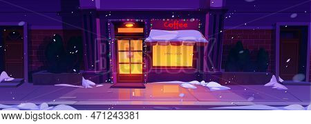 Cartoon Cafe Exterior With Christmas Decoration And Winter Snowfall. Vector Illustration Of Coffee S