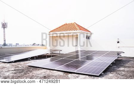 Solar Panels Solar Cells On Rooftop With Sun Overlight Day,new Design Plant Smart Solar System Micro