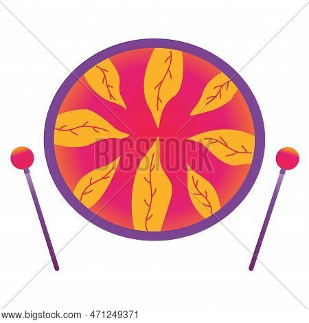 Musical Instrument Hang Drum, Glucophone With Sticks. Yellow Leaves Is Drawn In Center. Pink And Red