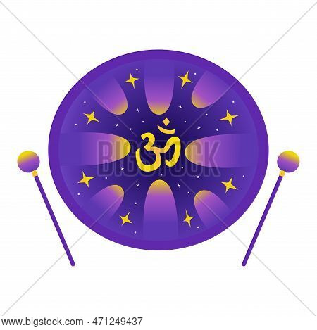 Musical Instrument Hang Drum, Glucophone With Sticks. Sign Om Is Drawn In Center. Neon Gradient. Mus