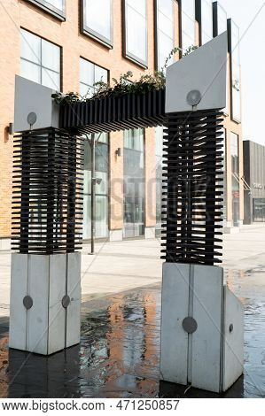 Water Spray System For Cooling In Public Place Street At The Boiling Hot Summer Day. Water Mist Spra