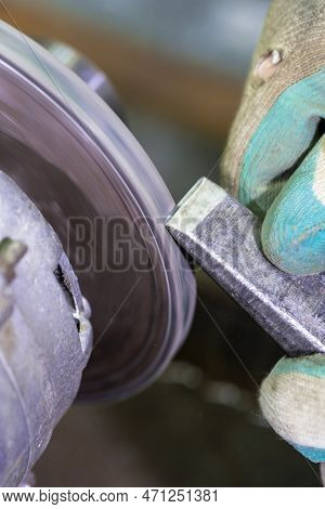 One Professional Fitter Man Using Paste For Metal Polishing Machine Circle For Metal Shiny Tools Bla