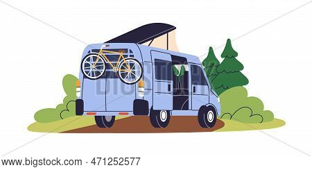 Camper Van, Travel Car. Summer Holiday Campervan, Recreational Vehicle. Rv Transport With Bicycle Fo