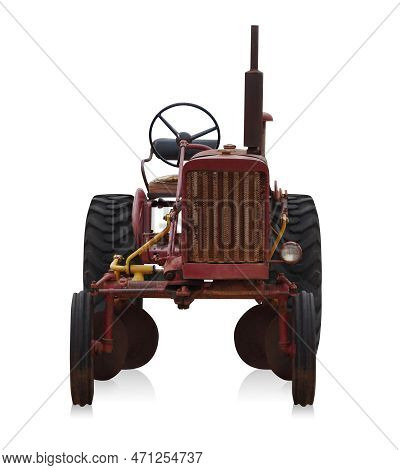 Front View Old And Rust Red Tractor On White Background, Object, Construction, Work, Vintage, Ancien