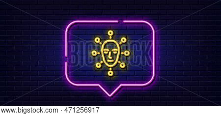 Neon Light Speech Bubble. Face Biometrics Line Icon. Facial Recognition Sign. Head Scanning Symbol. 