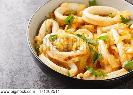 Calamares Encebollados Calamari Rings With Caramelized Onions In Wine Sauce Close-up In A Bowl On Th
