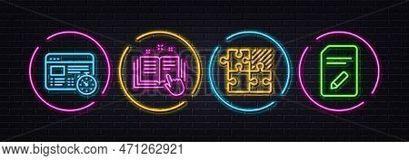 Puzzle Game, Technical Documentation And Web Timer Minimal Line Icons. Neon Laser 3d Lights. Edit Do