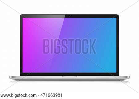 The Layout Of A Modern Laptop In A Silver Thin Metal Case. A Realistic Laptop With A Pink And Blue G