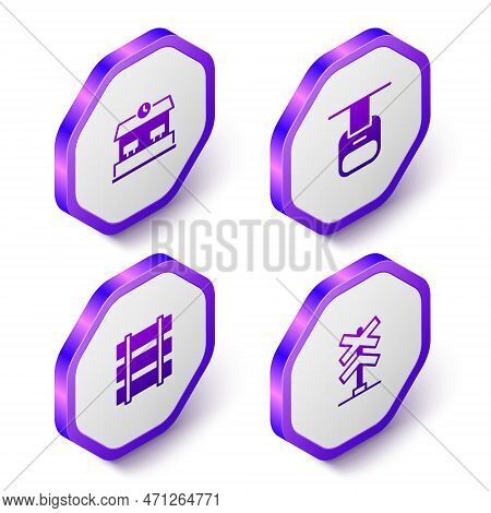 Set Isometric Railway Station, Cable Car, Railway, Railroad Track And Railroad Crossing Icon. Purple