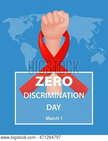 Design Celebrating Zero Discrimination Day With A Red Ribbon And A Clenched Fist Against A Blue Worl