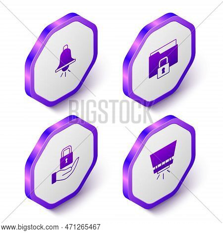 Set Isometric Ringing Alarm Bell, Folder And Lock, Lock And Fire Sprinkler System Icon. Purple Hexag