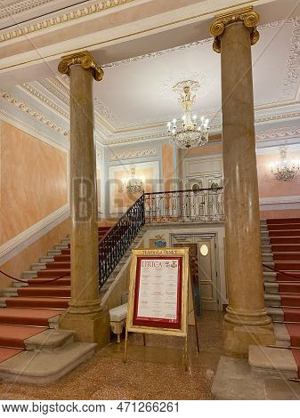 Venice, Italy - February 17, 2023: Vestibule With Stand With Poster Schedule Of Concerts And Perform