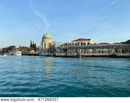 Venice, Italy - February 11, 2023: View Of Water Bus Stop At Venice Lido Waterfront (lido Di Venezia