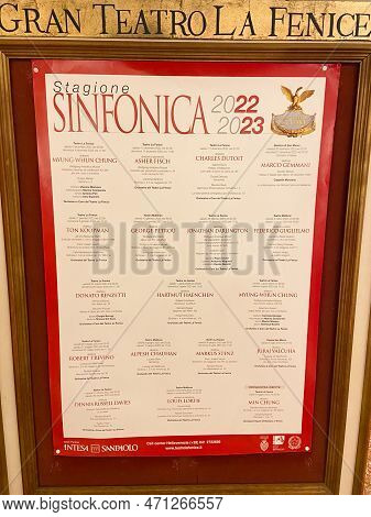 Venice, Italy - February 17, 2023: Front View Of Stand With Poster Schedule Of Concerts And Performa