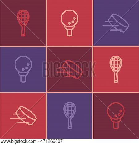 Set Line Tennis Racket, Hockey Puck And Golf Ball On Tee Icon. Vector