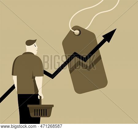 Sharp Jump In Prices Due To Global Crisis Of Supply Chains. Sad Person With Shopping Basket Looking 
