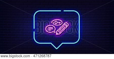 Neon Light Speech Bubble. Keywords Line Icon. Pencil With Key Symbol. Marketing Strategy Sign. Neon 