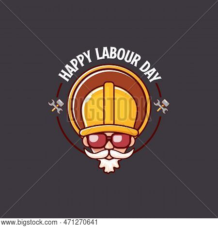 Happy Labour Day Vector Logo, Label Or Stamp With Funky Worker On Grey Background. Vector Happy Labo