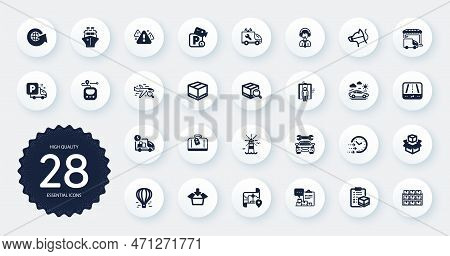 Set Of Transportation Icons, Such As Delivery, Parcel Checklist And Warning Flat Icons. Delivery Tru