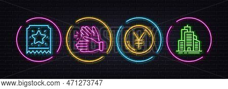 Yen Money, Loyalty Ticket And Clapping Hands Minimal Line Icons. Neon Laser 3d Lights. Skyscraper Bu