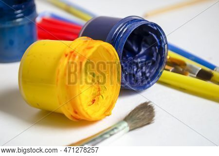 Yellow And Blue Jars Of Paint With Tassels. Watercolor Paints Of The Symbol Of The Flag Of Ukraine.
