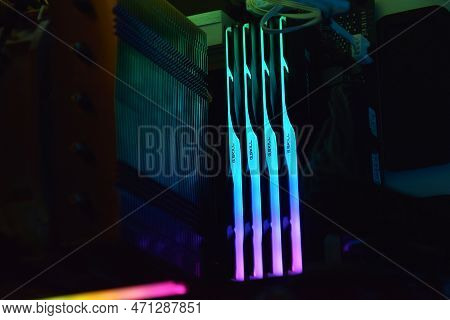 Luminous Panel Package Of G.skill Ddr 5 Trident Z 5 Rgb Desktop Memory On Light Background.