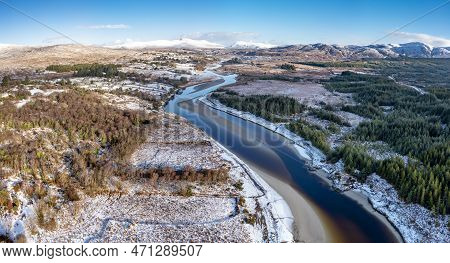 Aerial View Of Snow Covered Gweebarra River Between Doochary And Lettermacaward In Donegal - Ireland