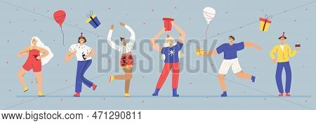 People Celebrating. Happy Celebration Party, Joyful Women And Men Celebrating Together With Balloons