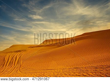 Desert Sand Dunes Road At Sunset. Concept Desert Wallpeper