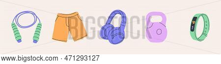 Elements For Training In The Fitness Center. Skipping Rope, Headphones, Kettlebell, Fitness Bracelet