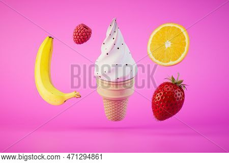 Love For Fruit Ice Cream. Ice Cream Cone In A Waffle Cup Next To The Fruit. 3d Render.