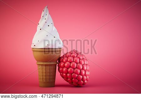 Raspberry Ice Cream In A Waffle Cup. An Ice Cream Cone Next To A Raspberry On A Red Background. 3d R
