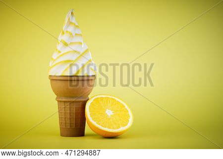 Orange Ice Cream In A Waffle Cup. An Ice Cream Cone Next To An Orange On A Yellow Background. 3d Ren