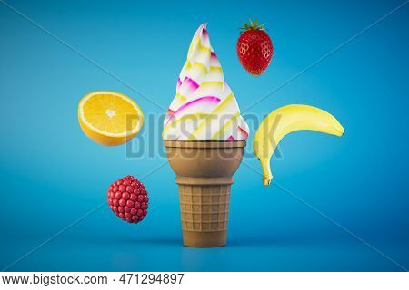 Fruit Ice Cream In A Waffle Cup. An Ice Cream Cone Next To The Fruit On A Blue Background. 3d Render
