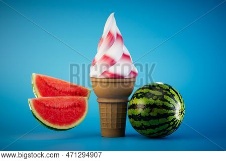 Watermelon Ice Cream In A Waffle Cup. An Ice Cream Cone Next To A Watermelon On A Blue Background. 3
