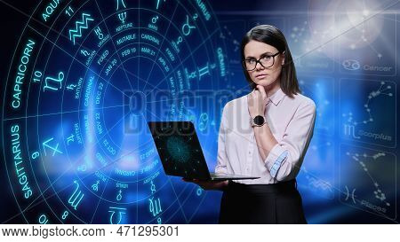 Young Woman With Laptop Looking At Camera, Astrological Symbols And Signs Background.